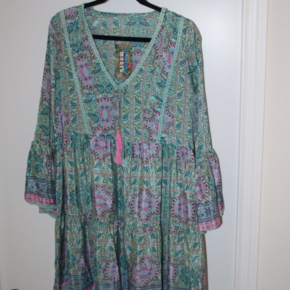 Bohemian Style Print Dress Bell Sleeve V-Neck Tassels Ribbon Made in India OS - Picture 4 of 14